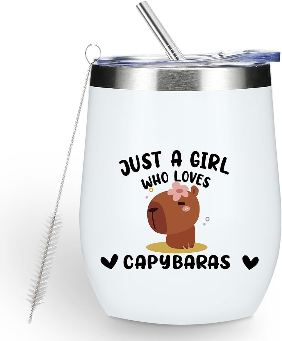 Cute Funny 12 oz Tumbler, Wine Tumbler Insulated Wine Glass with Lid, Capybara Gifts for Women Girls Capybara Decor Stuff for Friend Daughter Sister Bestie Animal Lover Friendship Christmas Birthday