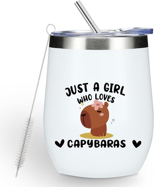 Cute Funny 12 oz Tumbler, Wine Tumbler Insulated Wine Glass with Lid, Capybara Gifts for Women Girls Capybara Decor Stuff for Friend Daughter Sister Bestie Animal Lover Friendship Christmas Birthday