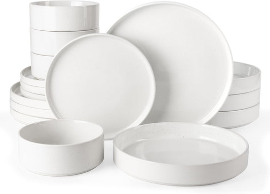 Famiware Nebula Dinnerware Set with Pasta Bowls, Service for 4 (16pcs), Fine Stoneware Plates and Bowls Sets, Microwave and Dishwasher Safe Dishes Set, White