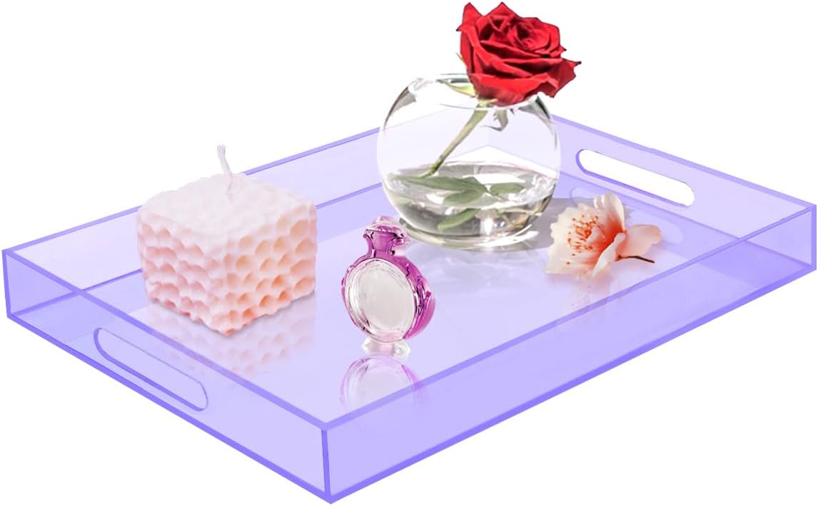 SetGame Acrylic Serving Tray with Handles, Bathroom Desktop Decorative Storage Arylic Trays, Simple Vanity Tray Food Tea Fruit Dinner Snack Tray for Bar Kitchen Party