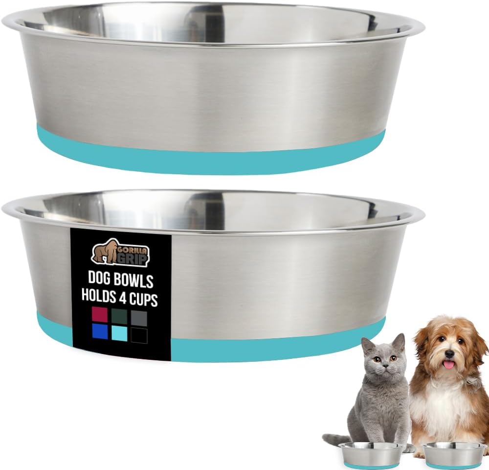 GORILLA GRIP Set of 2 Dog Bowls, Holds 4 Cups (32 fl oz), Heavy Duty Metal Food and Water Bowl for Feeding Dogs and Cat, Dishwasher Safe, Rust Resistant Stainless Steel, BPA Free Rubber Base Turquoise