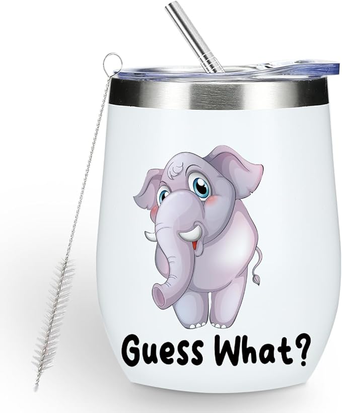 Cute Funny 12 oz Tumbler, Wine Tumbler Insulated Wine Glass with Lid, Elephant Gifts Elephant Supplies Accessories for Women Girls Boys Daughter Sister Animal Lovers Friendship Christmas Birthday