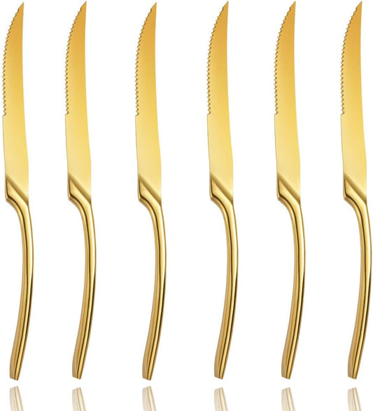 Lemeya Stainless Steel Gold Steak Knives Set of 6,Forge Steak Knife,Serrated Steak Knives Set,6 Piece Heavy Steak Knives-10 inch,Mirror Polished,Dishwasher Safe