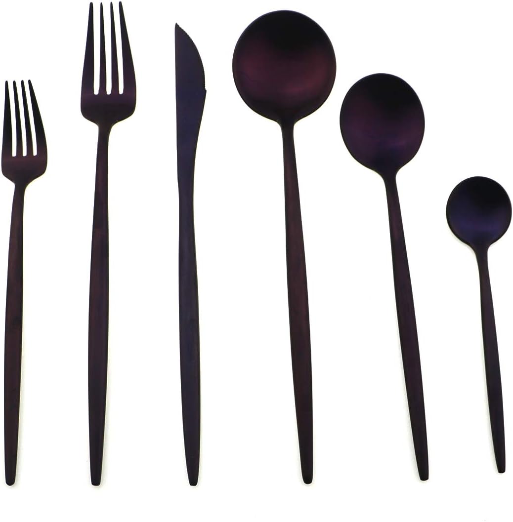 Gugrida Luxury Silverware Royal Cutlery Set - 24 Piece Flatware Set - Service For 4 18/10 Stainless Steel - Matte Purple Finish w/Drinking Straw