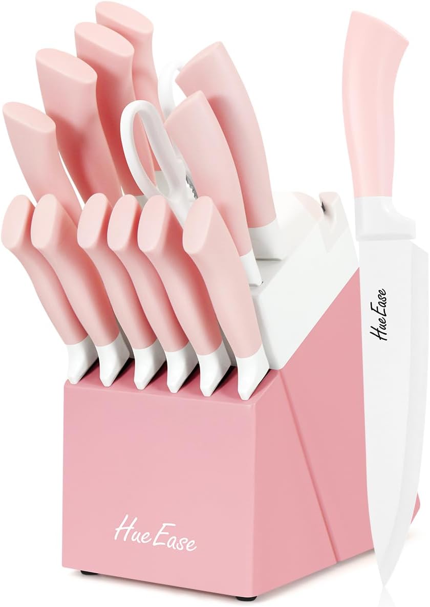 14 Pieces Knife Set with Block, Ceramic White Coating, High Carbon Stainless Steel Sharp Blade Block Knife Set, Dishwasher Safe Cutlery, Colliding Pink