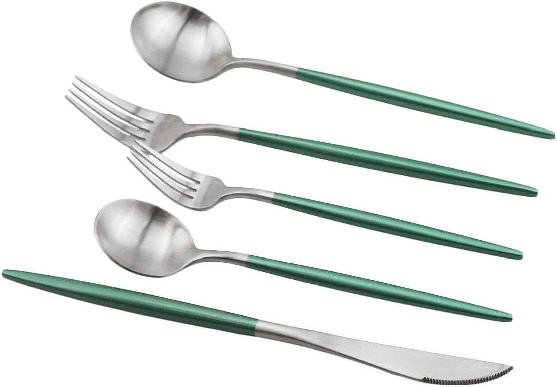 JASHII Silverware Sets, 20-Piece Flatware 18/10 Stainless Steel Heavy Weight Forged Cutlery Eating Utensils Forks Spoons Knives Set Tableware Service for 4 Matte Finished (Green & Silver)