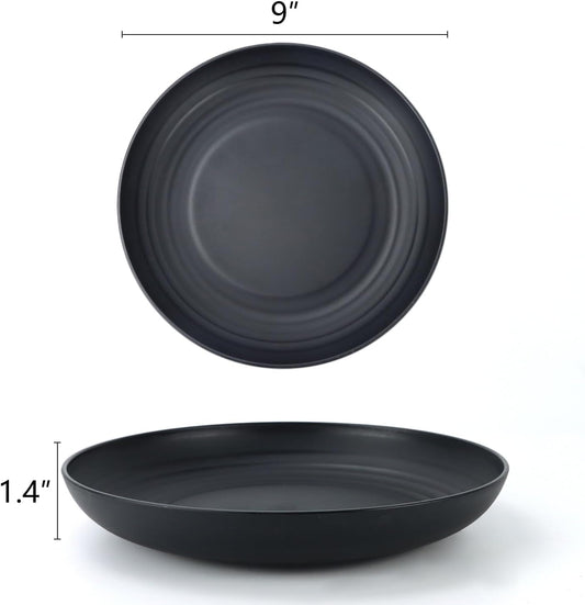 Homienly Deep Dinner Plate Set of 12 - Alternative to Plastic - Microwave & Dishwasher Safe - Wheat Straw Construction - Unbreakable - Ideal for Kids (Black, 9 inch)