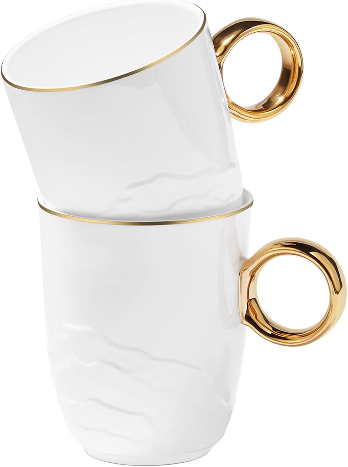 Chulan Upscale 12 oz Bone China Coffee Mug Set of 2, White Lightweight Fine Bone China Tea Cups with Gold Rim, Over 45% Bone Content Porcelain Ceramic Thin Mugs for Espresso Latte Mocha Freezer Safe
