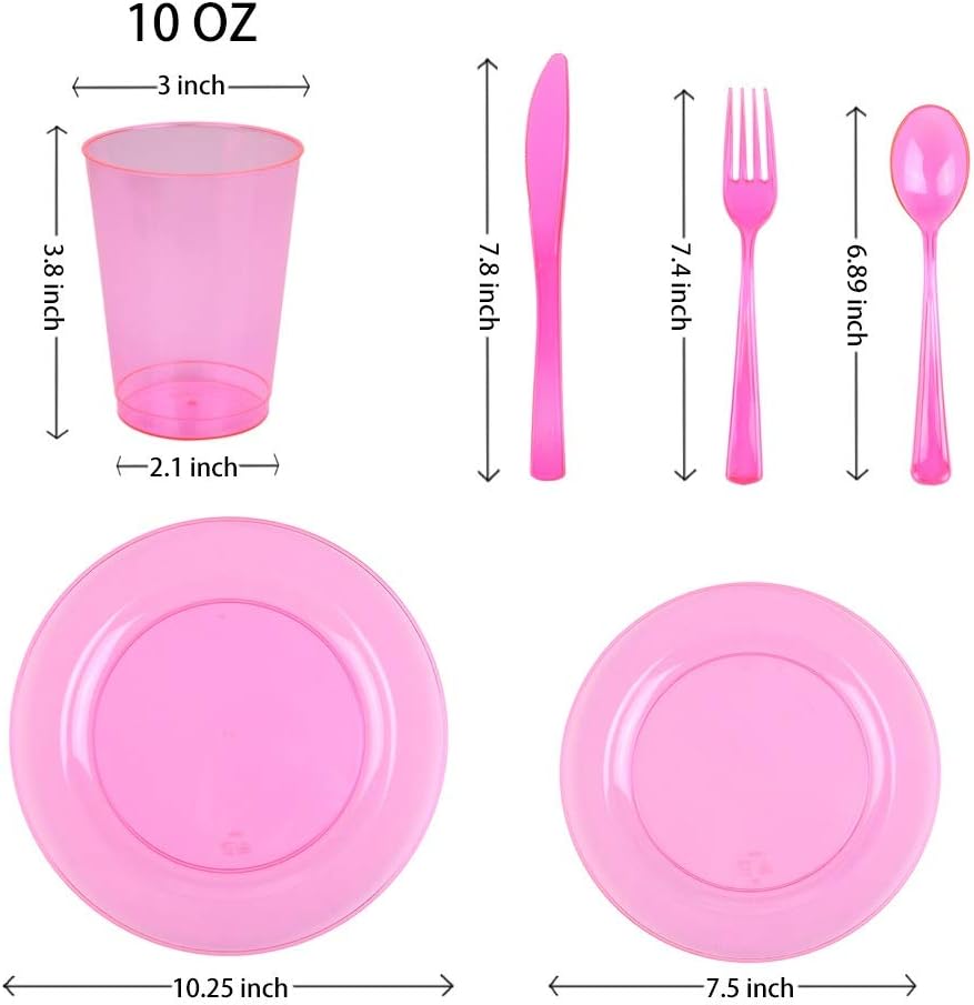 Pink Plastic Plates Party Supplies - 150 PCS Reusable Disposable Neon Sets of 25 Dinner, 25 Salad or Dessert, 25 Forks, 25 Spoons, 25 Knives, 25 Cups