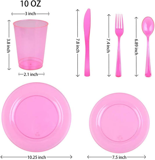 Pink Plastic Plates Party Supplies - 150 PCS Reusable Disposable Neon Sets of 25 Dinner, 25 Salad or Dessert, 25 Forks, 25 Spoons, 25 Knives, 25 Cups
