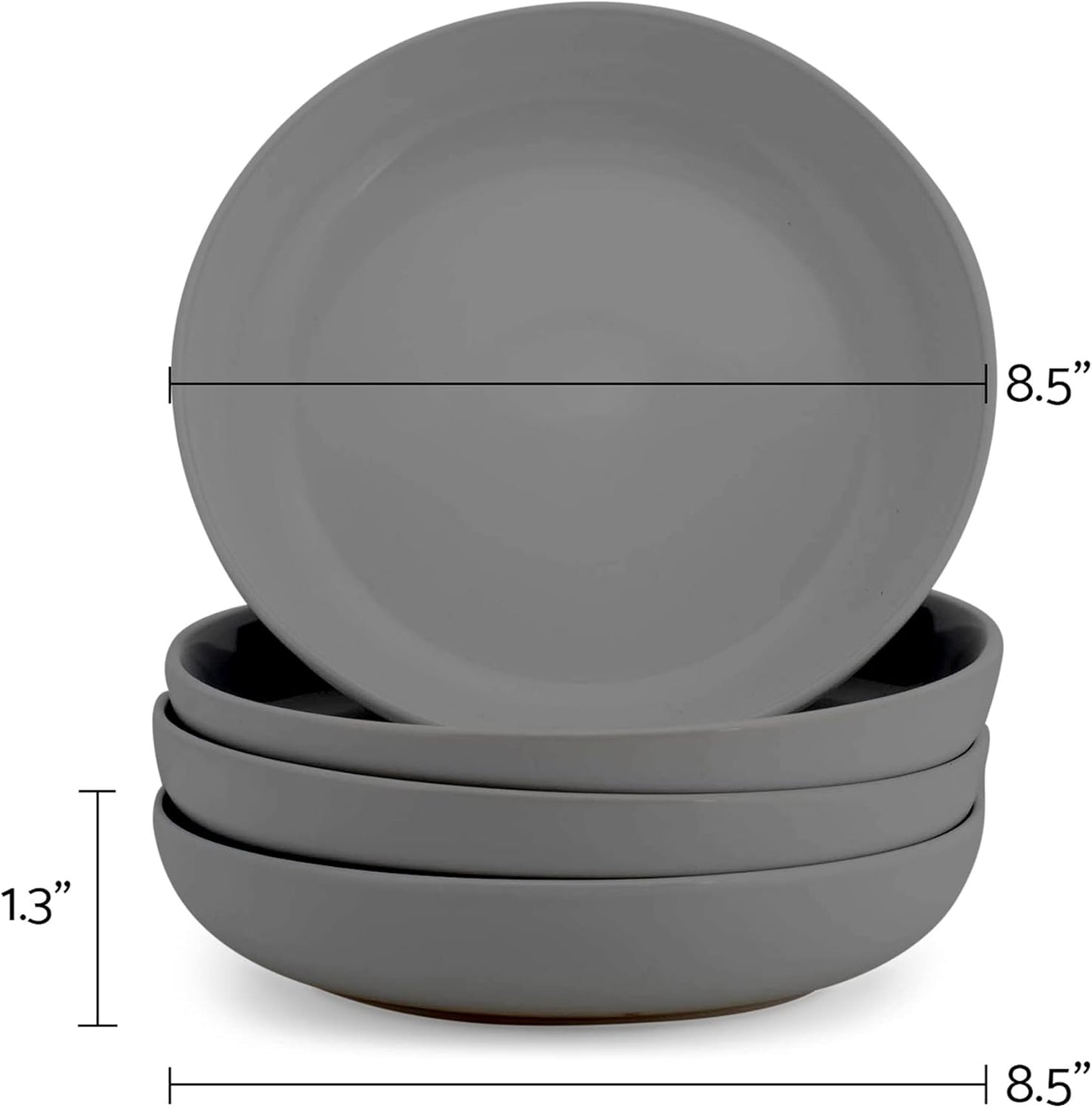 Elanze Designs Bistro Glossy Ceramic 8.5 inch Shallow Pasta Dinner Bowls Set of 4 - Perfect for Everyday uses from Italian Style Pasta to Caesar Salad, and Ramen to Pho, Charcoal Grey