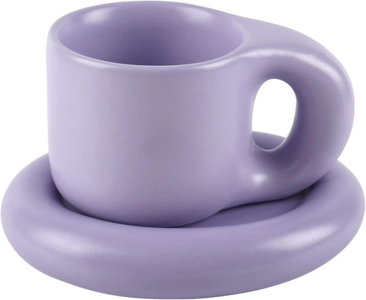 Koythin Ceramic Coffee Chubby Mug Saucer Set, Creative Cute Fat Handle Cup with Saucer for Office and Home, Dishwasher and Microwave Safe, 10 oz for Latte Tea Milk (Light Purple)