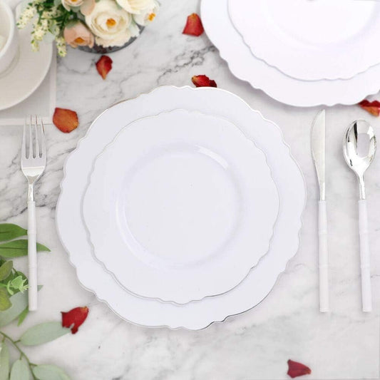 WDF 100pcs Silver Plastic Plates - High-end Baroque Design - Heavy Duty White &Silver Plates for Christmas Upscale Parties &Wedding