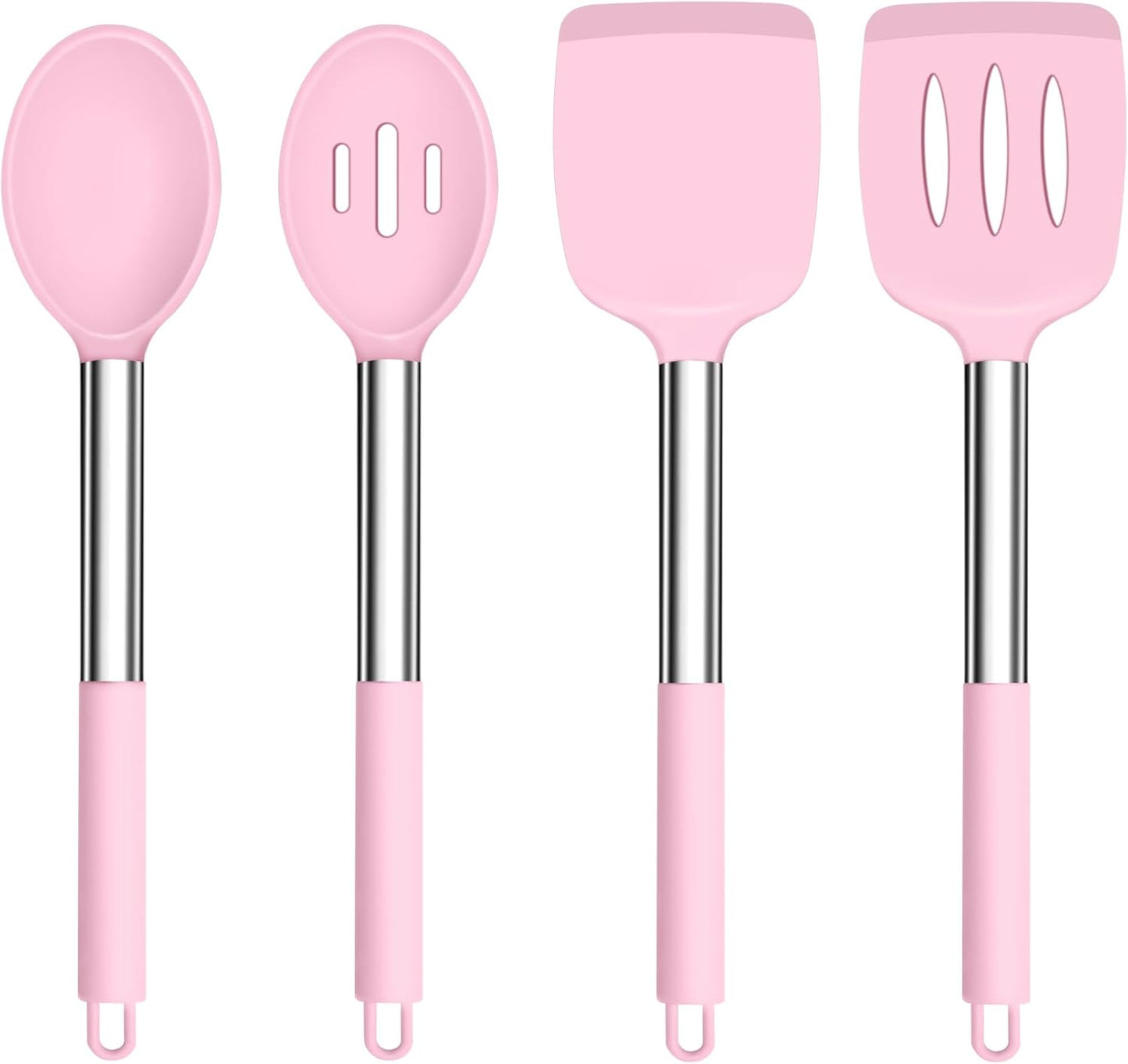 TeamFar Kitchen Utensils, 4 PCS Silicone Cooking Utensils Spatula Spoon Set with Stainless Steel Handle, for Frying Mixing Draining Turning, Healthy & Heat-proof, Non-stick & Dishwasher Safe - Pink