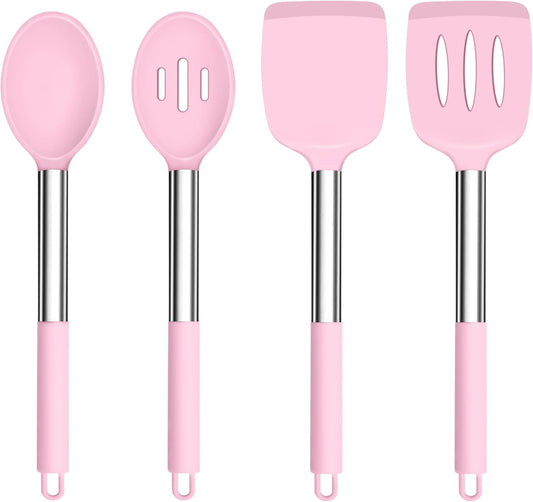 TeamFar Kitchen Utensils, 4 PCS Silicone Cooking Utensils Spatula Spoon Set with Stainless Steel Handle, for Frying Mixing Draining Turning, Healthy & Heat-proof, Non-stick & Dishwasher Safe - Pink