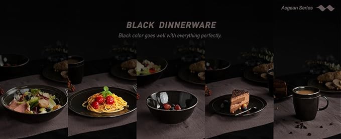 Famiware Aegean Dinnerware Set for 4, 12-Piece Plates and Bowls Sets, Stoneware Scratch Resistant Dinner Set, Handmade Irregular Round Dishes, Microwave and Dishwasher Safe, Black Coffee