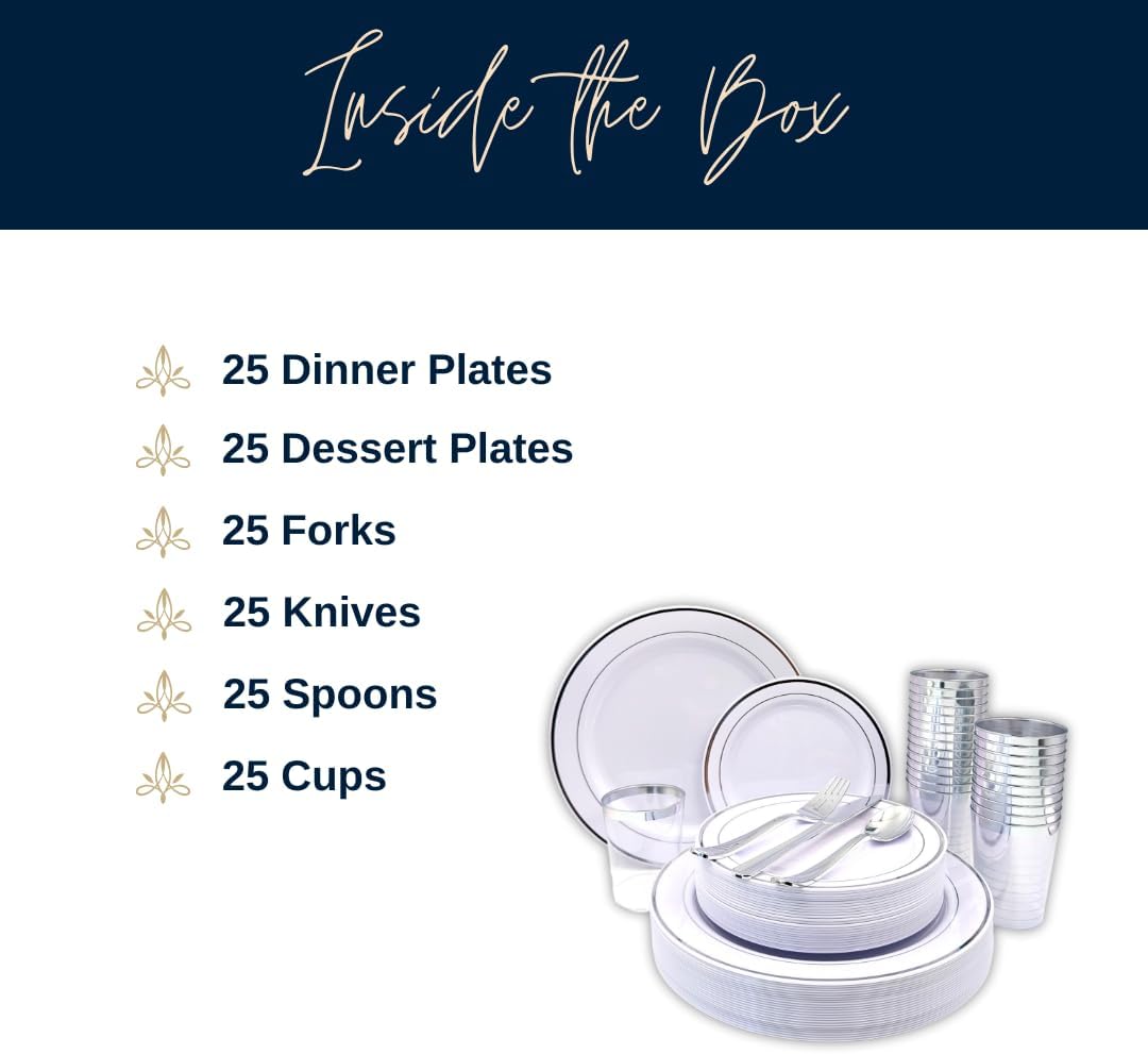 Tableware Dinnerware Set, Premium Heavyweight, Reusable or Disposable Party Plates, Includes Dinner Plate, Dessert Plate, Cutlery, and Cup (Silver, 150-Piece Set, Serves 25 Guests)