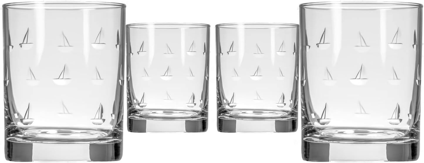 Rolf Glass Sailing Double Old Fashioned Glass 13 ounce | Engraved Whiskey Glass | Lead-Free Glass Tumbler | Etched Whiskey Tumbler Glasses | Proudly Made in the USA (Set of 4)