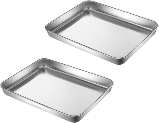 Extra Small Baking Sheet Pans Stainless Steel 304 Tiny Serving Tray 9.3 x 6.9 x1.1Inch (Diagonal 10.63) Dishwasher Safe No Rust Reheat Food for 1~2 Person 2 Pack