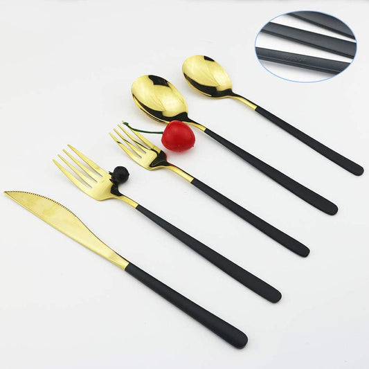 JASHII 20-Piece SUS304 Stainless Steel Flatware Set, Mirror Polished Black Gold Silverware Set Dinner Knife Fork Spoon Dessert Fork Salad Spoon Service for 4.(Black gold)