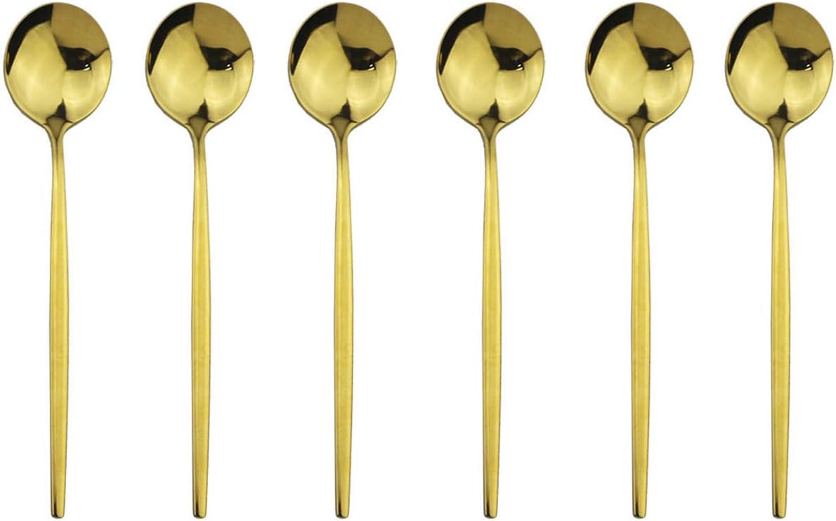 Gugrida Mirror Polished Gold Royal Dessert Spoon Salad Spoons Medium Spoons, Light weight design Stainless Steel Flatware Cutlery Set for 6, 7.28-Inch