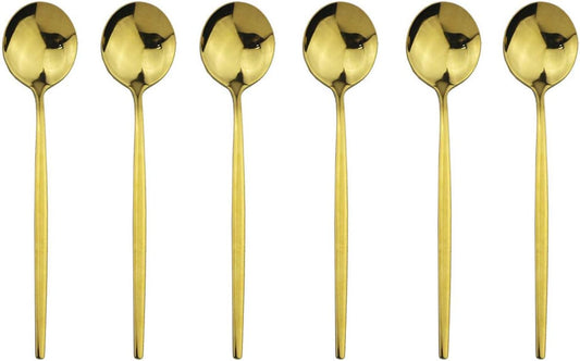 Gugrida Mirror Polished Gold Royal Dessert Spoon Salad Spoons Medium Spoons, Light weight design Stainless Steel Flatware Cutlery Set for 6, 7.28-Inch