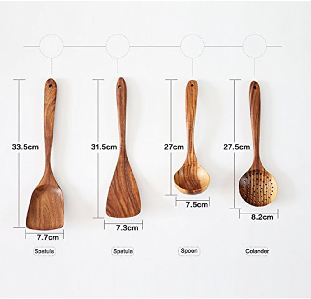 Wooden Spoons for Cooking, 4 Pcs Wooden Natural Teak Wood Spatulas Spoon, Nonstick Kitchen Utensil Set
