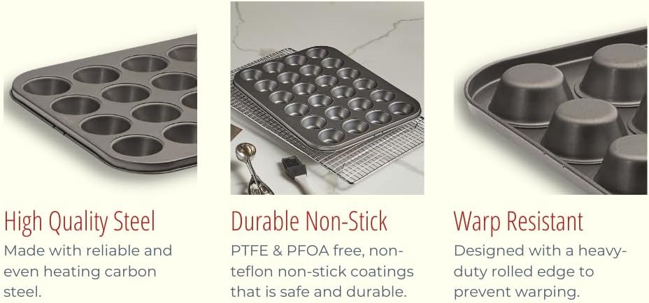 husMait Premium Quality Mini-Muffin Pan, Baking Sheet, and Cooling Rack. For Baking Mini Cupcakes, Muffins, Bite Size Tarts, Cookies. Non-Stick, Dishwasher Safe, Oven Safe (Muffin Pan)