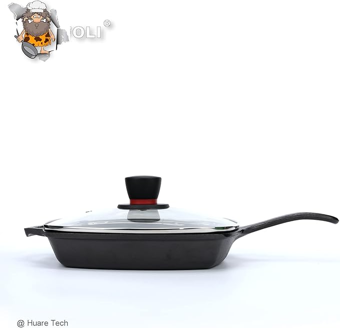 FOLI Square Glass Lid for Grill Pans with Steam Vent Hole - Fits Lodge Cast Iron Skillets 10.5inch(26.67cm) - Square Tempered Glass Lid - Universal Replacement Cover Bakelite Round Knob