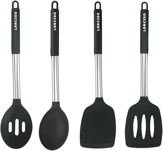 Large Cooking Utensils Set of 4Silicone Slotted&Solid Spatula and Spoon,Non-stick&Heat Resistant Silicone Kitchen Utensils,Ideal Kitchen Cookware for Turning, Fried, Draining, Mixing (Black)