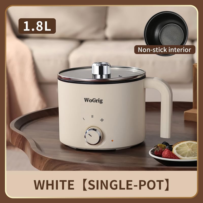 1.8L Electric Hot Pot，Ramen Cooker, Dual power supply Mini Portable Multi-Functional Lazy Pot for Pasta, Noodles, Egg, Soup,Rice，Non-Stick Noodle Cooker with Boil Dry Protection for Dorm, Office (white)