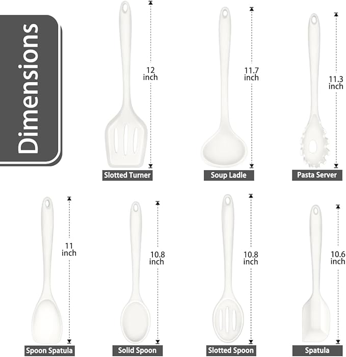 P&P CHEF Silicone Cooking Utensils Set of 7, Heat-proof Kitchen Utensils Set for Nonstick Cookware, Non-stick Spatula, Slotted Turner, Soup Ladle, Pasta Server, Spoon for Cooking Serving - White