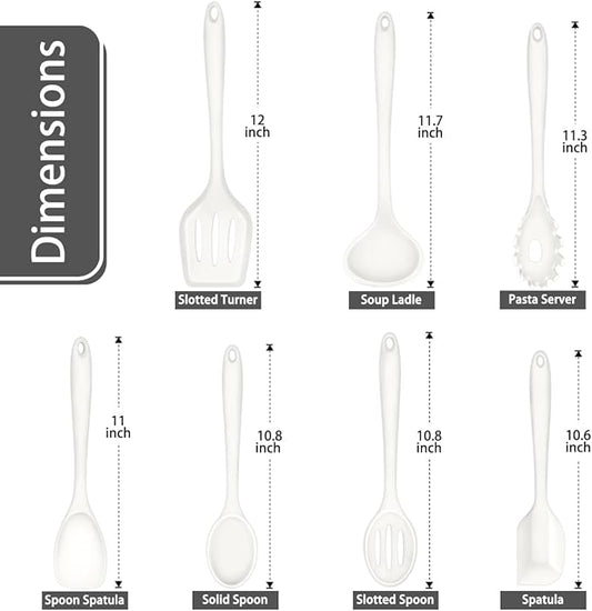 P&P CHEF Silicone Cooking Utensils Set of 7, Heat-proof Kitchen Utensils Set for Nonstick Cookware, Non-stick Spatula, Slotted Turner, Soup Ladle, Pasta Server, Spoon for Cooking Serving - White