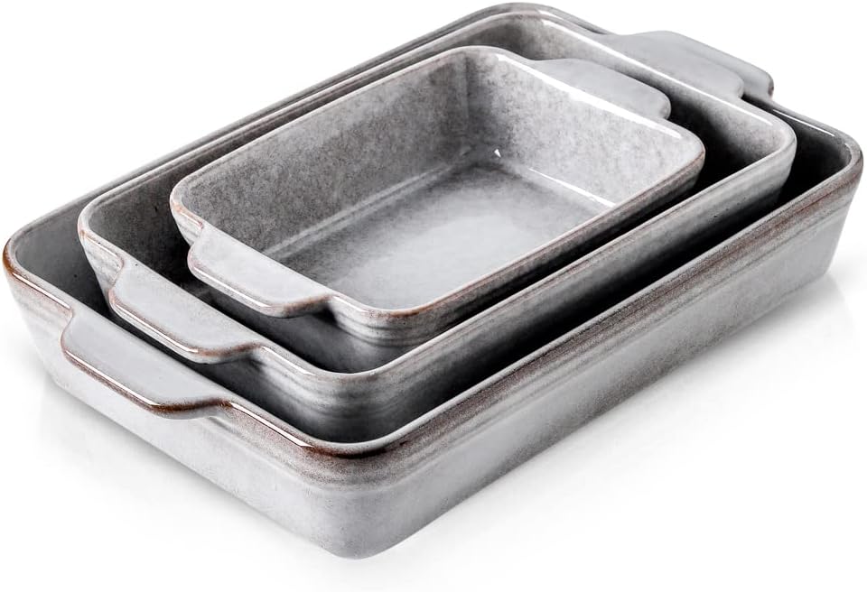 Bakeware Set, Ceramic Baking Dish Set, Rectangular Casserole Dish Set, lasagna Pan, Baking Pans Set for Cooking, Cake Dinner, Kitchen, 9 x 13 Inches, Reactive Glaze 3-Piece (Variable Grey)