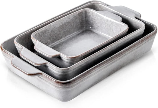 Bakeware Set, Ceramic Baking Dish Set, Rectangular Casserole Dish Set, lasagna Pan, Baking Pans Set for Cooking, Cake Dinner, Kitchen, 9 x 13 Inches, Reactive Glaze 3-Piece (Variable Grey)