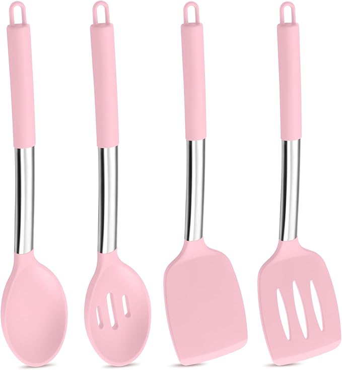 P&P CHEF Pink Kitchen Cooking Utensil Set of 4, Silicone Solid Spatulas Slotted Spoons Turners for Non-stick Cookware Flipping Mixing, Heat-proof