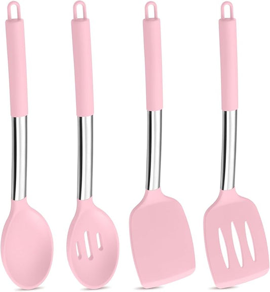 P&P CHEF Pink Kitchen Cooking Utensil Set of 4, Silicone Solid Spatulas Slotted Spoons Turners for Non-stick Cookware Flipping Mixing, Heat-proof