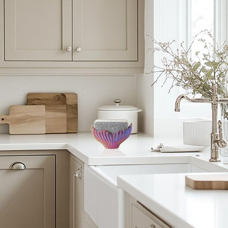 Sponge Holder for Kitchen Sink, Ceramic Dish Sponge Holder with Fishtail Design, Sink Caddy Organizer for Countertop, Farmhouse Kitchen Decor, Compact Counter Dish Caddy (Rainbow)