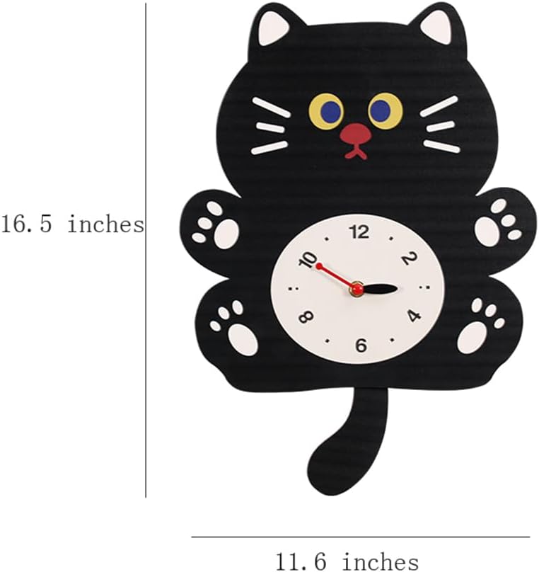 FASHION in THE CITY Cute Cat Pattern Tail Swing Wall Clock - Pendulum Design for Kids' Room, Living Room, Bedroom - Decorative & Quiet Analog Clock for Home Decoration(YBZ001-Black)