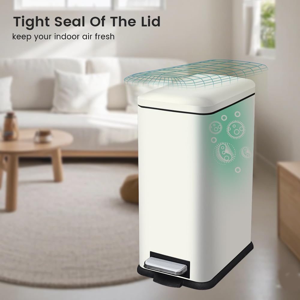 Large Bathroom Trash Can, 16.7L/ 4.4 Gallon Trash Can with Removable Wastebasket, Hand Free Garbage Can with Soft close Lid, Stainless Steel Skinny Trash Bin for Bedroom, Home Office, White