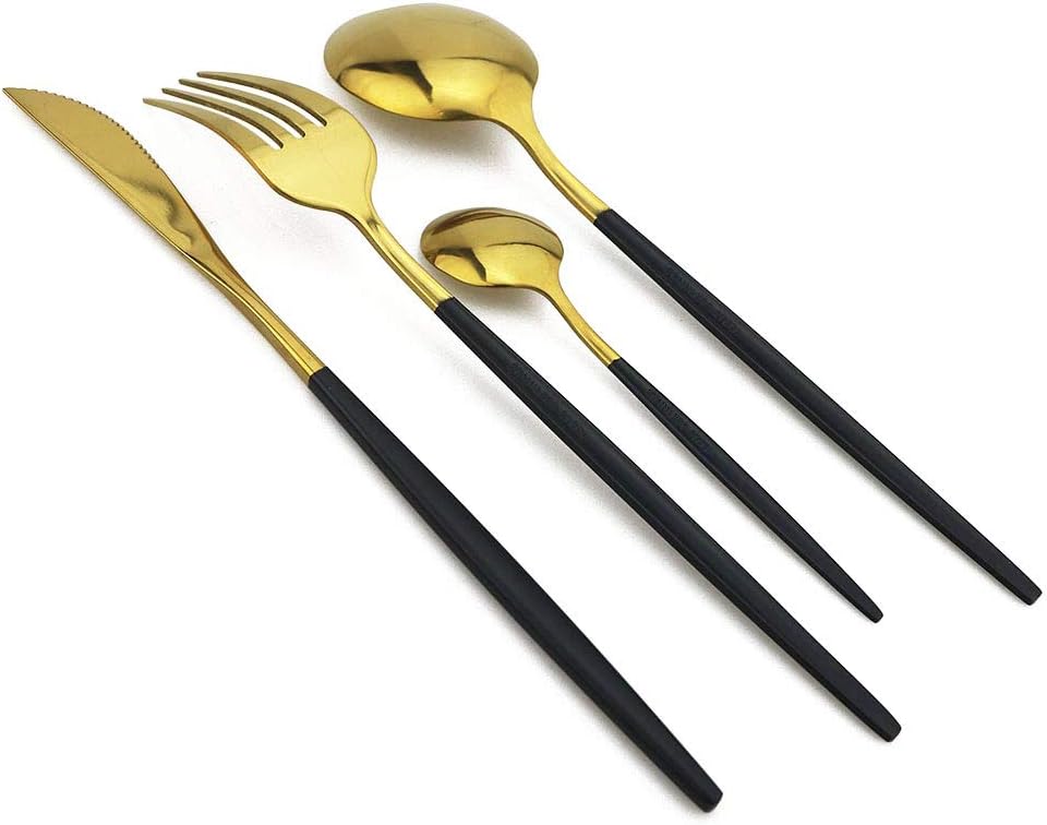 24-Piece Flatware Set, 18/0 Stainless Steel Knife Fork Spoon Teaspoon Silverware Set, Service for 6, Black Handle Gold