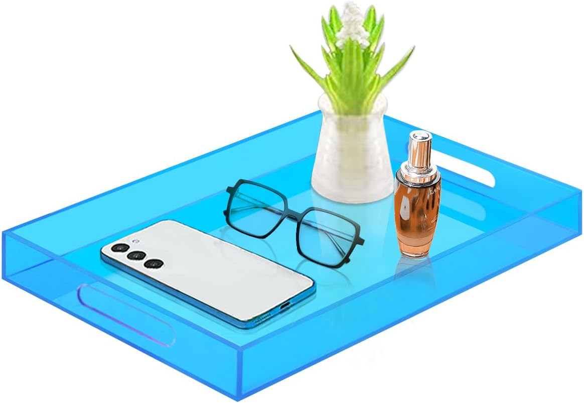 SetGame Acrylic Serving Tray with Handles, Bathroom Desktop Decorative Storage Arylic Trays, Simple Vanity Tray Food Tea Fruit Dinner Snack Tray for Bar Kitchen Party
