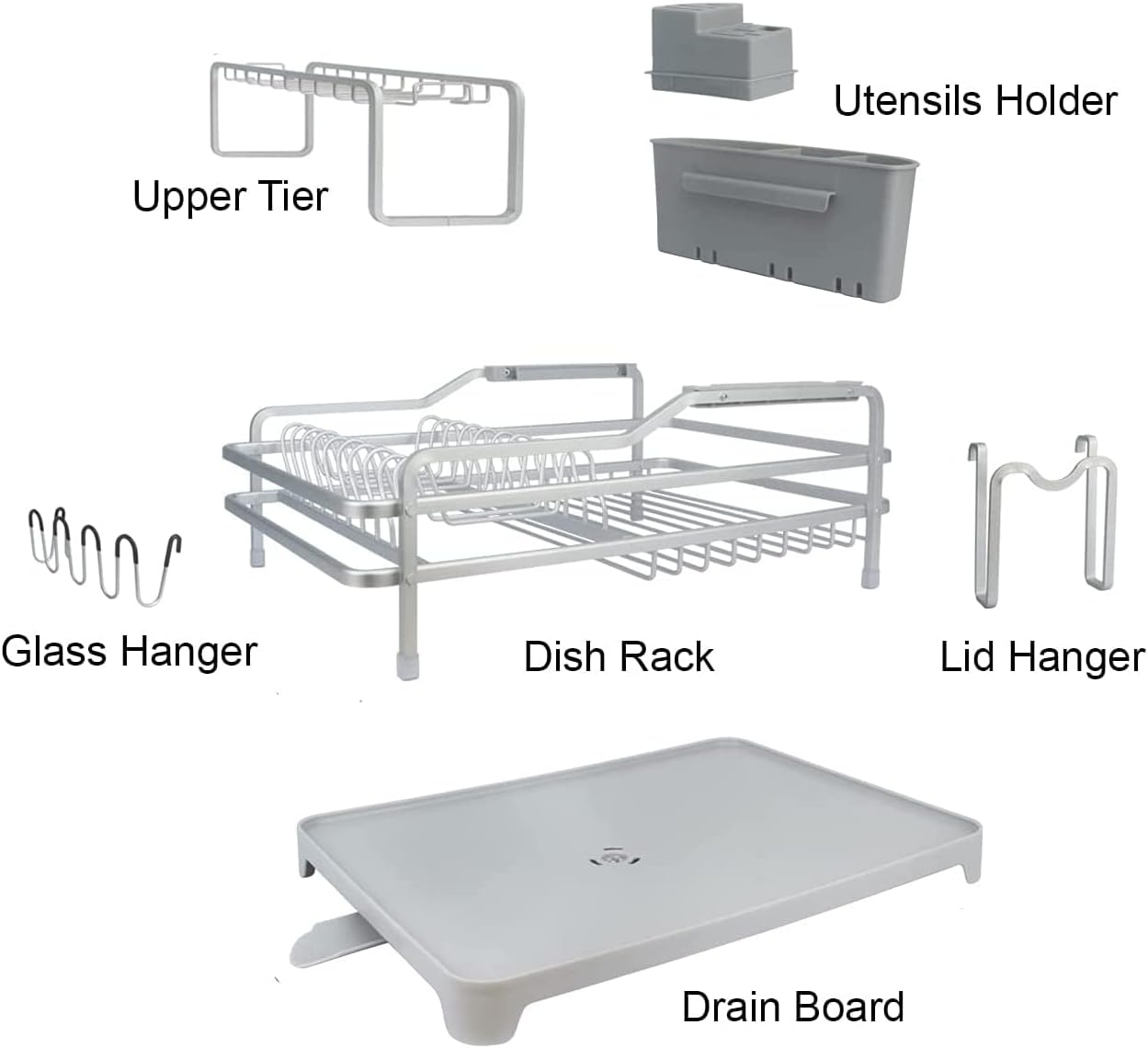 Evelyne GMT-10353-B Aluminum Dish Drying Rack with Utensil Holder - 2 Tier Kitchen Countertop Rust Proof Dish Rack Lid Hanger and Drainboard Set - Large Dish Organizer Rack