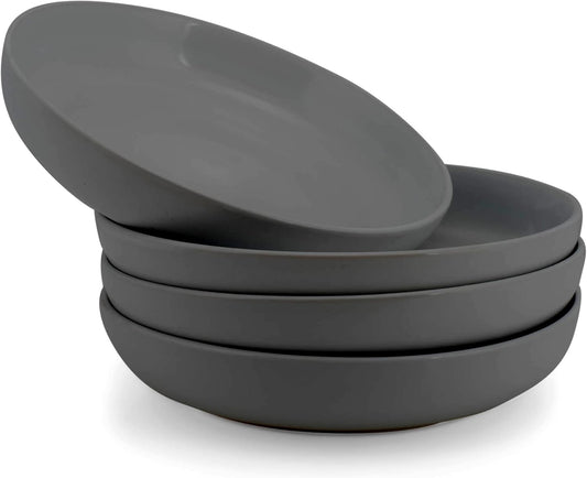 Elanze Designs Bistro Glossy Ceramic 8.5 inch Shallow Pasta Dinner Bowls Set of 4 - Perfect for Everyday uses from Italian Style Pasta to Caesar Salad, and Ramen to Pho, Charcoal Grey