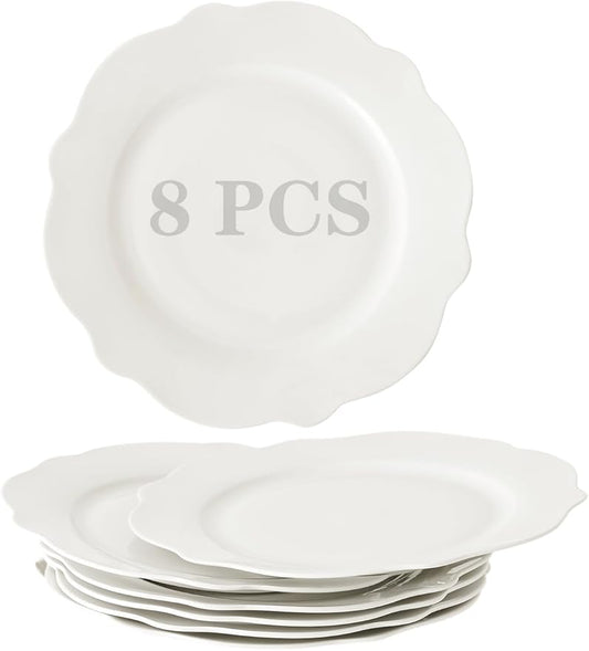 OMAYKEY Ceramic Dinner Plates Set of 8, 10.5 Inch Porcelain Salad Dessert Round Lotus Plates, Microwave, Oven and Dishwasher Safe, Kitchen Serving Dishes Plates for Lunch, Party, Wedding, Restaurant