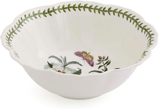 Portmeirion Botanic Garden Lotus Salad Bowl - Flower Shape, Scalloped Rim, Floral Spanish Gum Design with Butterflies - 10.5" Porcelain Dish, Laurel Leaf Border - Oven, Microwave, Dishwasher Safe