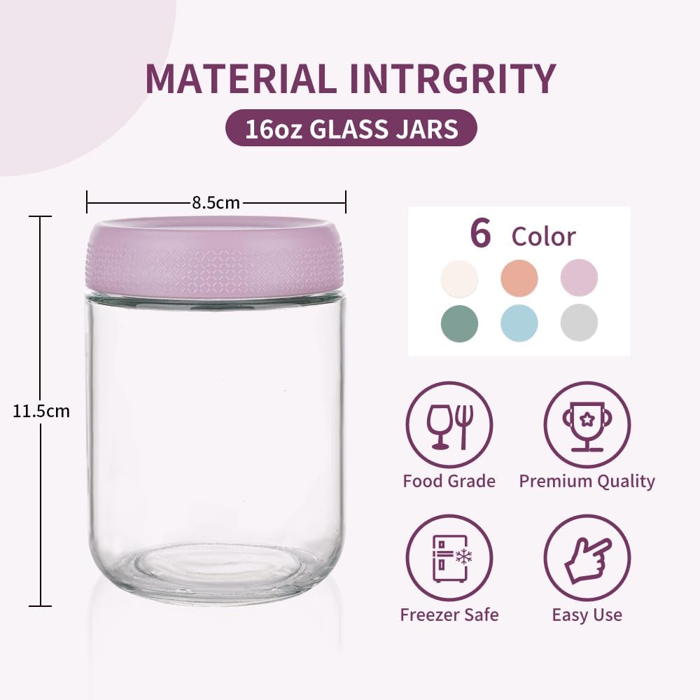 BCnmviku 16 oz Mason Jars Overnight Oats Containers with Lids,6 PACK Glass jars with Airtight Lids, Wide mouth Mason Salad Spice jars, Glass Food Storage Containers for Snacks Yogurt Spice Sugar (6)