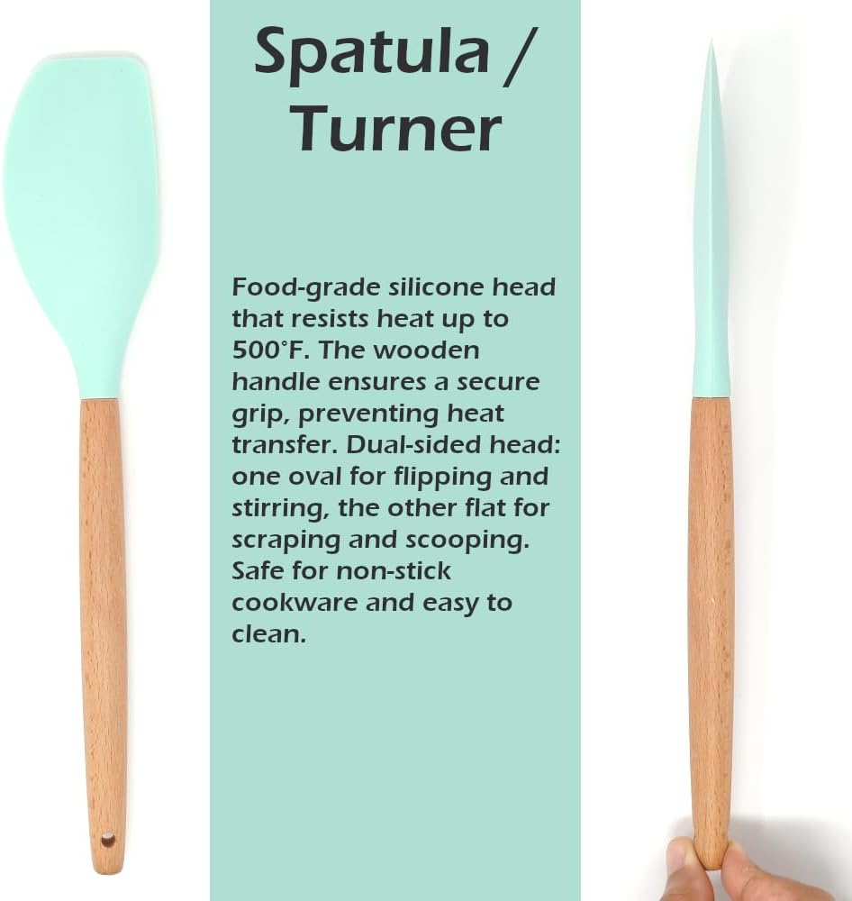 3-Piece Silicone Kitchen Utensil Set - 10" Stainless Steel Tongs, 12.5" Silicone Spatula & Spaghetti Spoon, Heat-Resistant to 500°F, Wood Handles, Non-Scratch, Hanging Loop (Green)