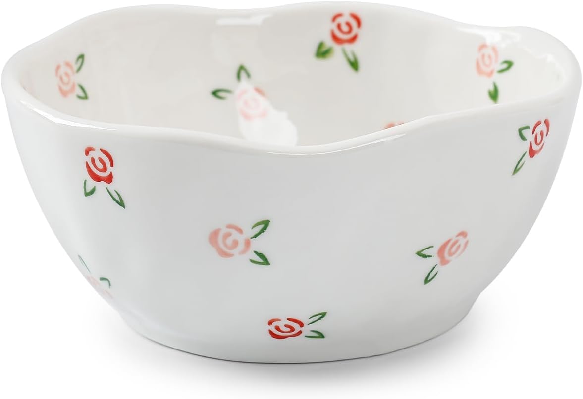 Koythin Ceramic Cereal Bowl, Cute Flowers Pattern Kitchen Bowls for Cereal, Salad, Pasta, Soup, Dessert, Serving, Home Decor, Microwave and Dishwasher Safe (Red Rose Small Fragmented Flowers)