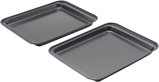Small Baking Sheet Nonstick 9.45 X 7.09 Inch (Inner 7.5x6), 8 Inch Mini Cookie Tray Toaster Conventional Oven Pan No Warp No Rust Magnetic Bakeware for 1 to 2 person 2 Pack